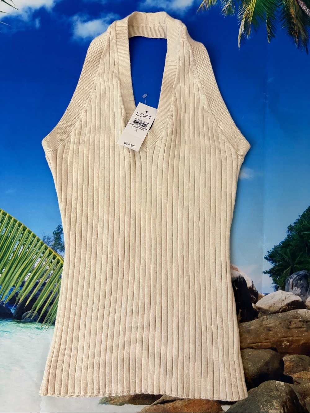 LOFT Cream Ribbed V-Neck Halter Knit Tank - Picture 6 of 9